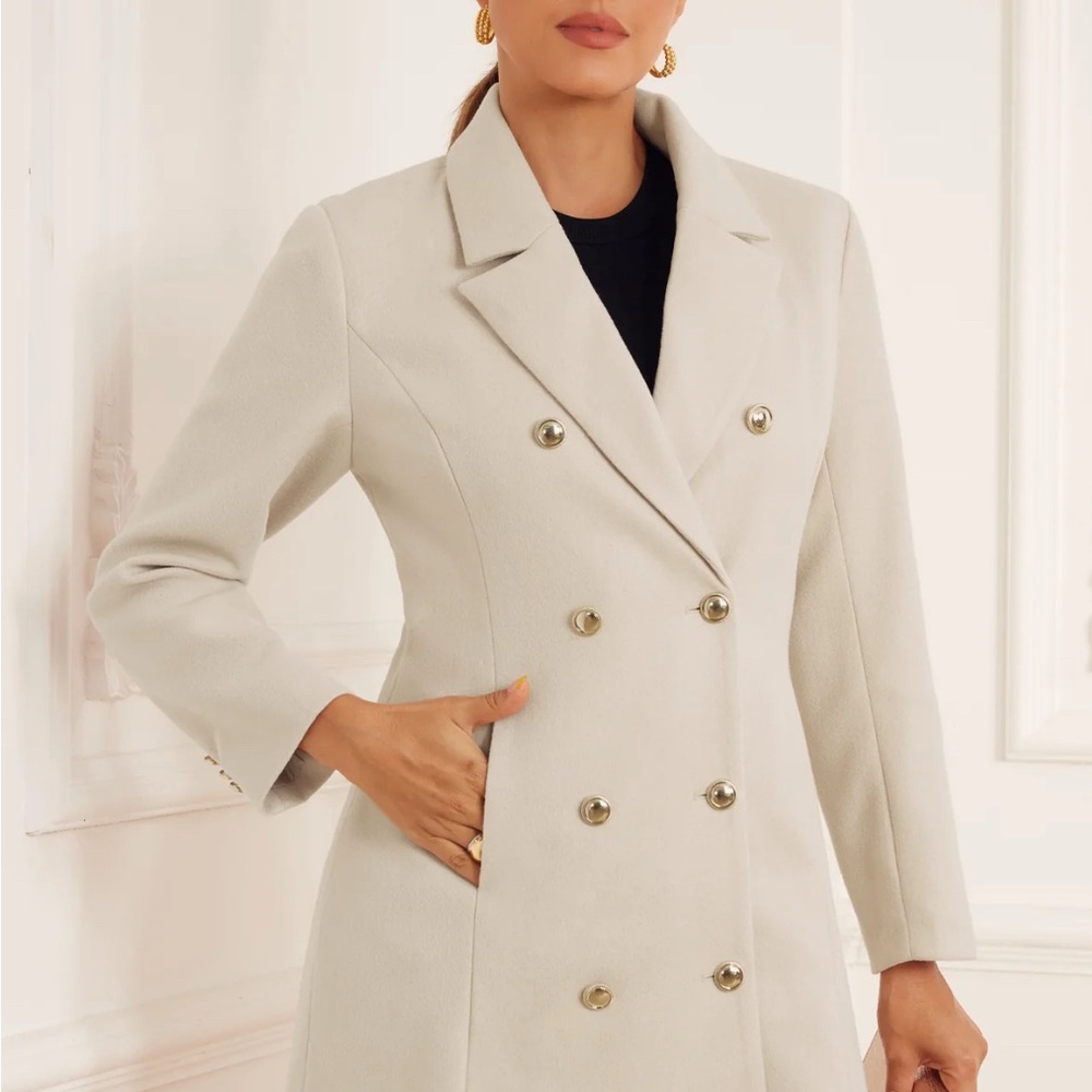 Women’s Pea Coat L Double Breasted Beige Notched Lapel Overcoat Lined NWT